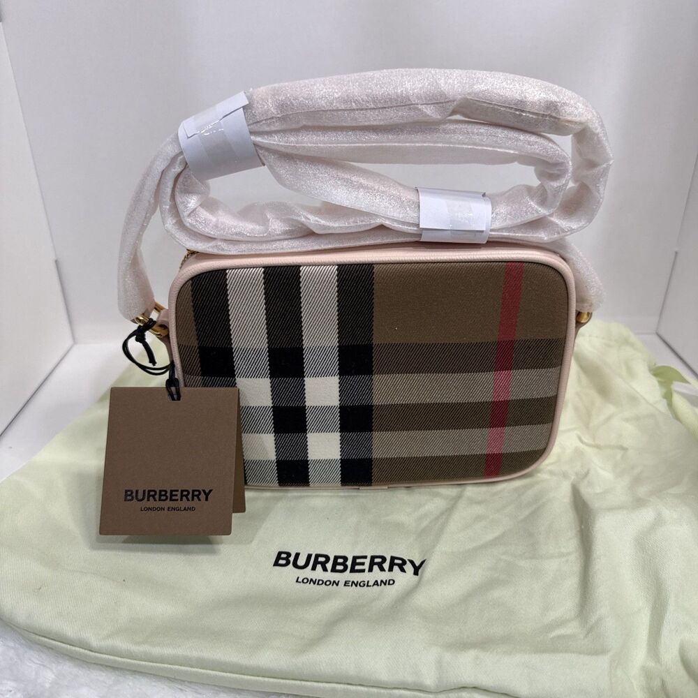 Burberry Small Camera Bag Color Pale Cameo House check leather and fabric NWT